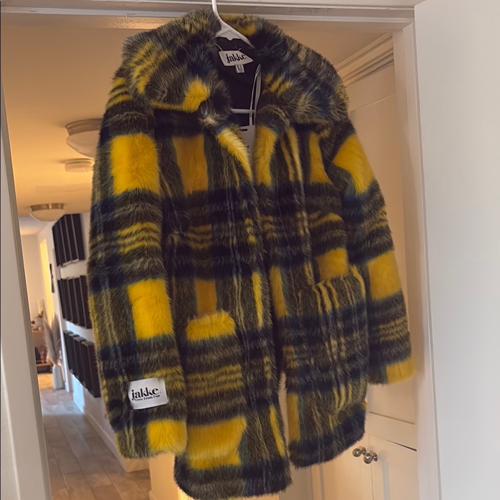 Faux Fur Plaid Coat - Yellow and Black